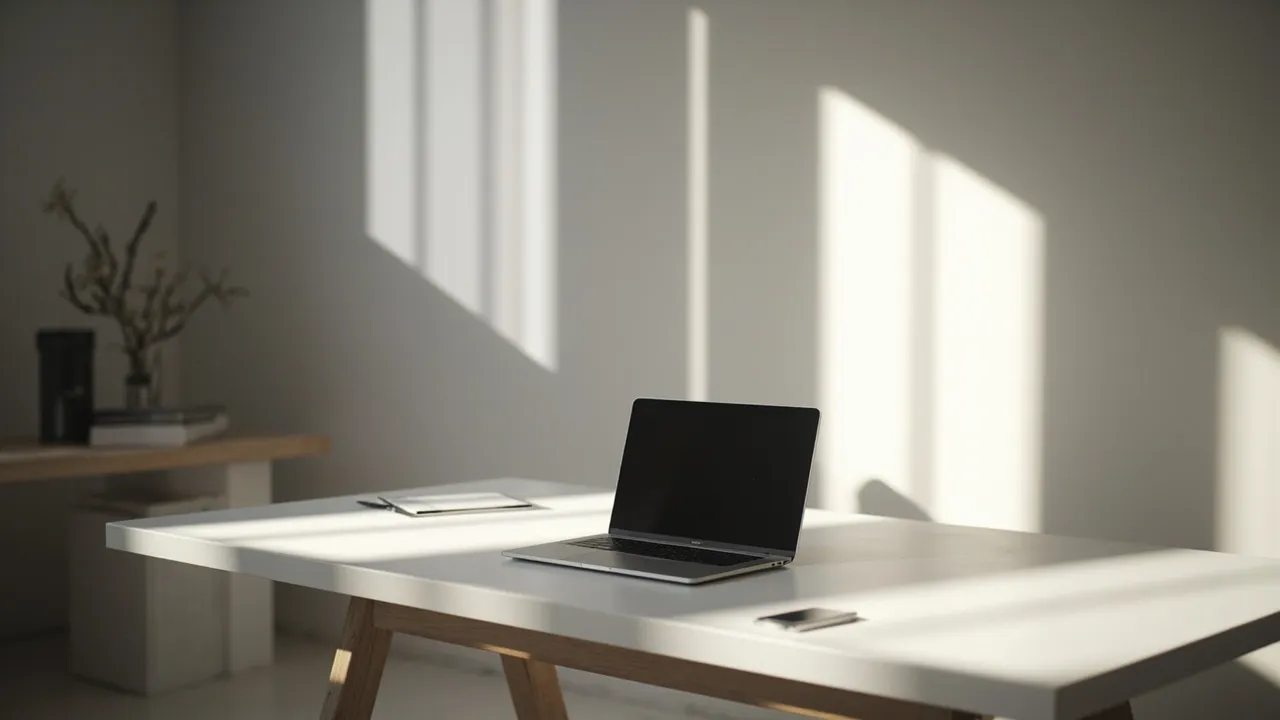 Symbolbild: ein Laptop auf einem aufgeräumten Schreibtisch in einem Atelier zeigt ein minimalistisches Kunst-Portfolio im Tageslicht