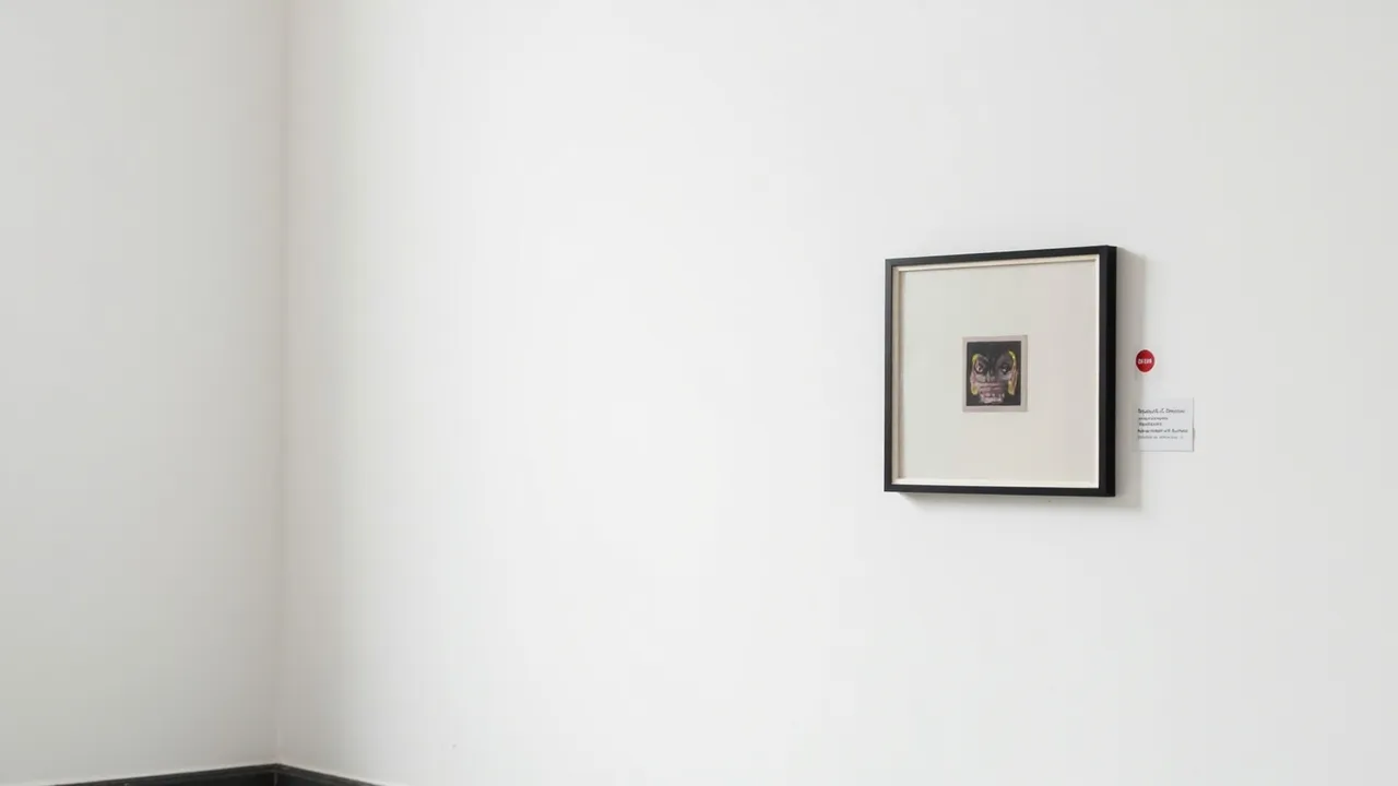 Symbolbild: ein gerahmtes Werk an einer weißen Wand mit kleinem Museums-Schild und einem roten Punkt als Verkaufsmarkierung